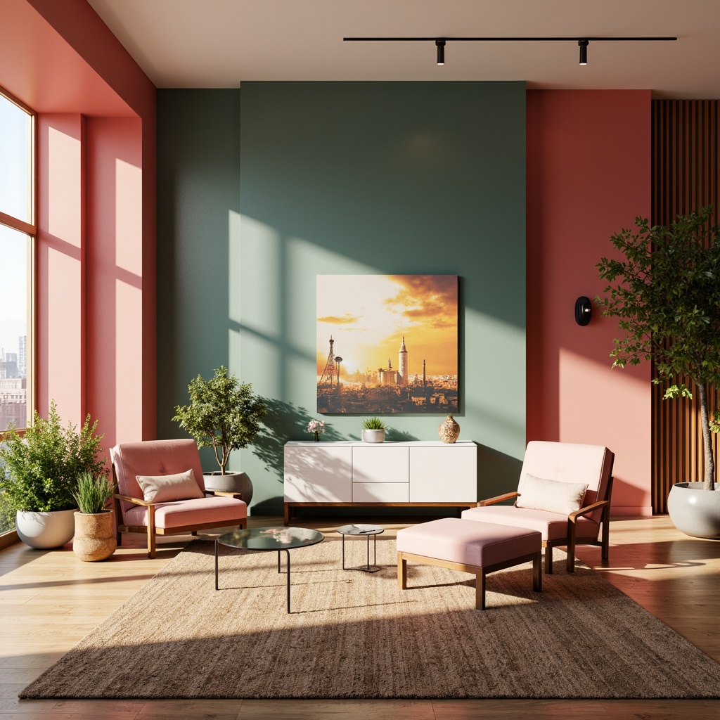 Prompt: Vibrant modern interior, bold accent walls, pastel furniture, metallic decorative accents, natural wood textures, earthy tone rugs, soft warm lighting, atmospheric glow, 3/4 composition, shallow depth of field, realistic renderings, ambient occlusion.