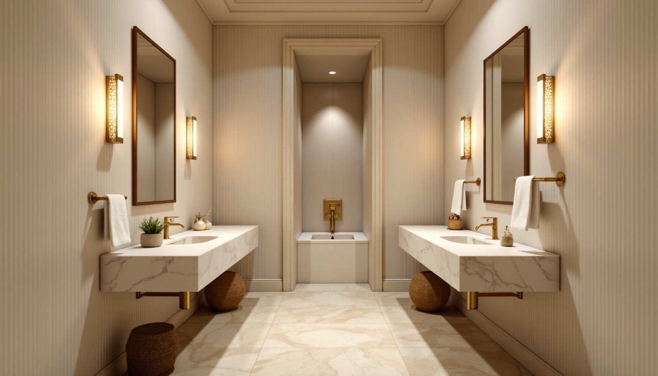 Prompt: Modern powder room, sleek minimalist design, soft creamy walls, warm beige floors, elegant marble countertops, ornate gold fixtures, stylish wall sconces, ambient warm lighting, LED strip lights, subtle shadows, 3/4 composition, shallow depth of field, realistic textures, soft focus, calming atmosphere.