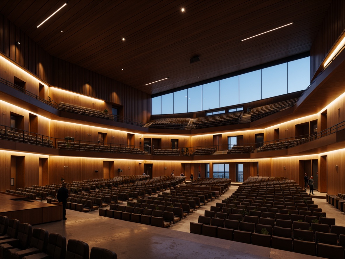 Prompt: Streamlined modern auditorium, sleek curves, polished chrome accents, minimalist lighting fixtures, warm white LED lights, subtle color temperature changes, dramatic spotlights, audience seating, tiered levels, acoustic panels, soundproofing materials, dark wood tones, luxurious fabrics, plush carpets, high ceilings, open spaces, natural daylight, soft diffused lighting, 1/2 composition, low-angle shot, cinematic mood, realistic reflections.