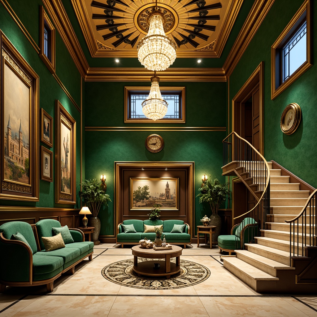 Prompt: Luxurious villa interior, opulent Art Deco style, rich jewel-toned colors, emerald green walls, golden accents, velvet furniture, ornate metalwork, lavish chandeliers, geometric patterns, bold black outlines, creamy marble floors, grand staircases, statement lighting fixtures, warm beige backgrounds, metallic sheens, sophisticated textures, 1920s glamour, vintage elegance, highly detailed ornaments, refined luxurious atmosphere, softbox lighting, cinematic composition, high-contrast color palette.