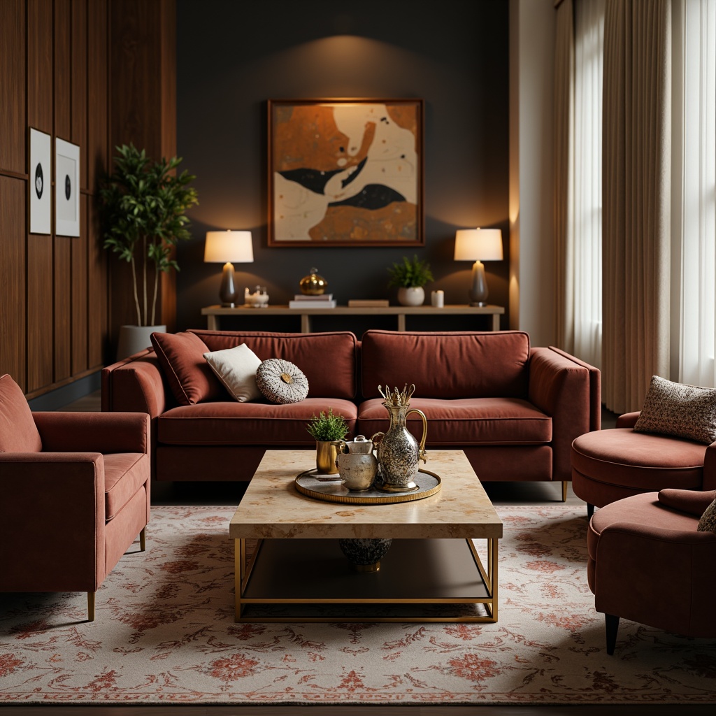 Prompt: Luxurious living room, velvet sofa, wooden coffee table, marble top, golden legs, plush armchairs, patterned rugs, floor lamps, soft warm lighting, cozy atmosphere, modern minimalist decor, sleek lines, comfortable seating, ergonomic design, premium leather upholstery, rich wood tones, subtle metallic accents, elegant decorative pieces, serene ambiance, shallow depth of field, 3/4 composition, realistic textures.