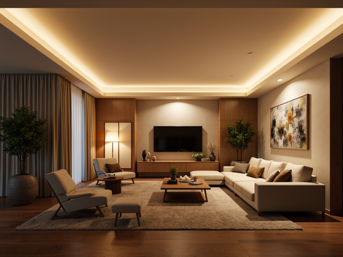 Prompt: Modern living room, sleek furniture, abstract artwork, soft warm lighting, floor lamps, table lamps, pendant lights, recessed lighting, LED strips, ambient glow, cozy atmosphere, warm beige walls, polished wooden floors, minimalist decor, subtle color palette, natural textiles, comfortable seating area, intimate gathering space, relaxed mood, soft shadows, 1/1 composition, realistic rendering.