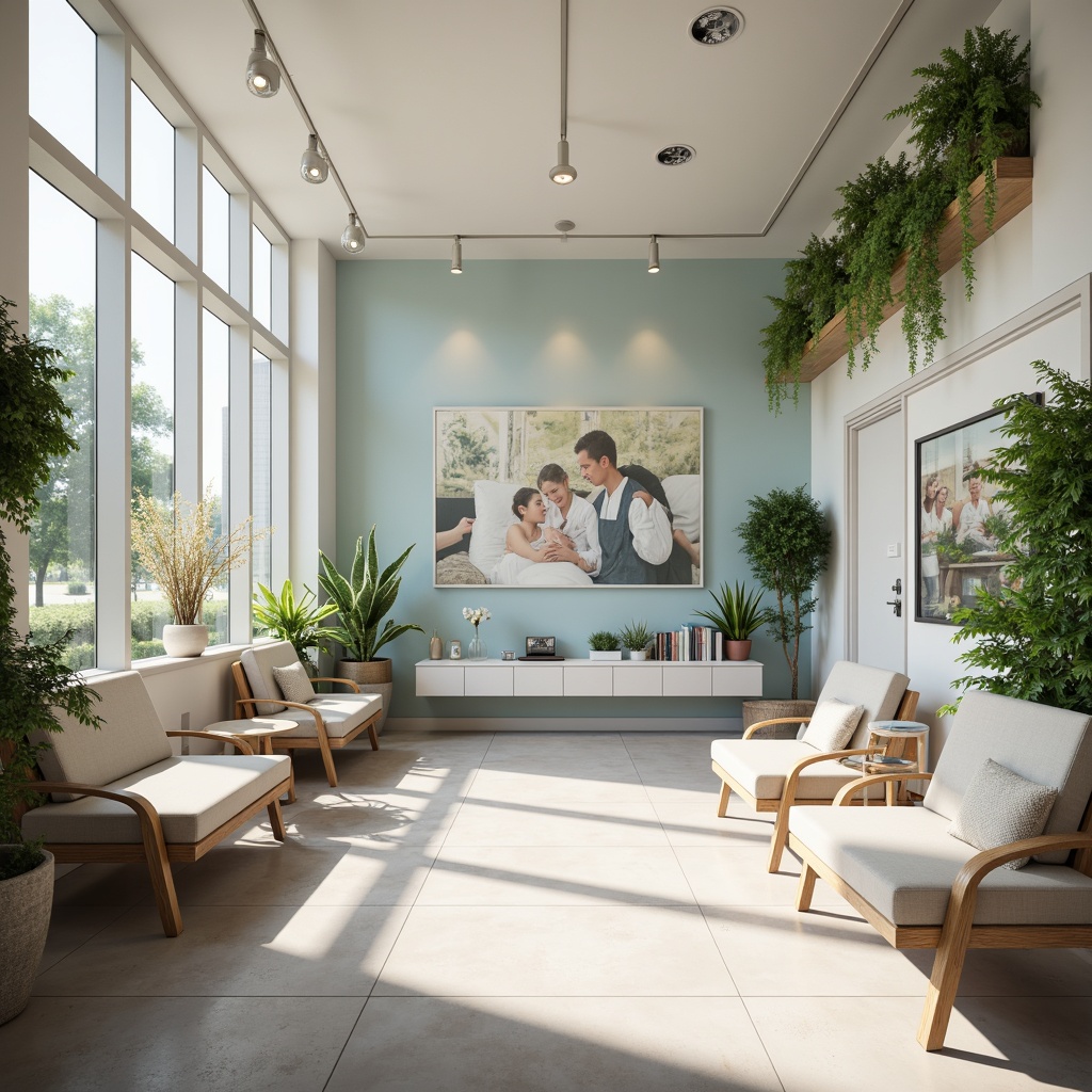 Prompt: Calming medical clinic, soothing color scheme, pastel shades, gentle blues, whites, creams, natural wood tones, minimal metallic accents, comfortable waiting areas, lush greenery, serene ambiance, warm indirect lighting, shallow depth of field, 1/1 composition, realistic textures, ambient occlusion.