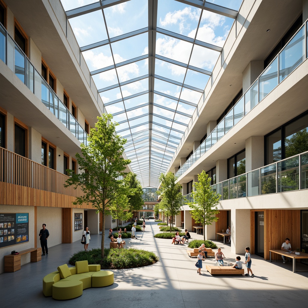 Prompt: Vibrant youth center, open-plan interior, large skylights, clerestory windows, floor-to-ceiling glazing, reflective surfaces, polished concrete floors, minimal obstructions, airy atmosphere, natural textures, wooden accents, green walls, living plants, abundant daylight, soft diffused light, warm color scheme, inviting communal spaces, flexible seating arrangements, collaborative zones, educational signage, modern minimalist decor, subtle shading devices, optimized solar orientation.