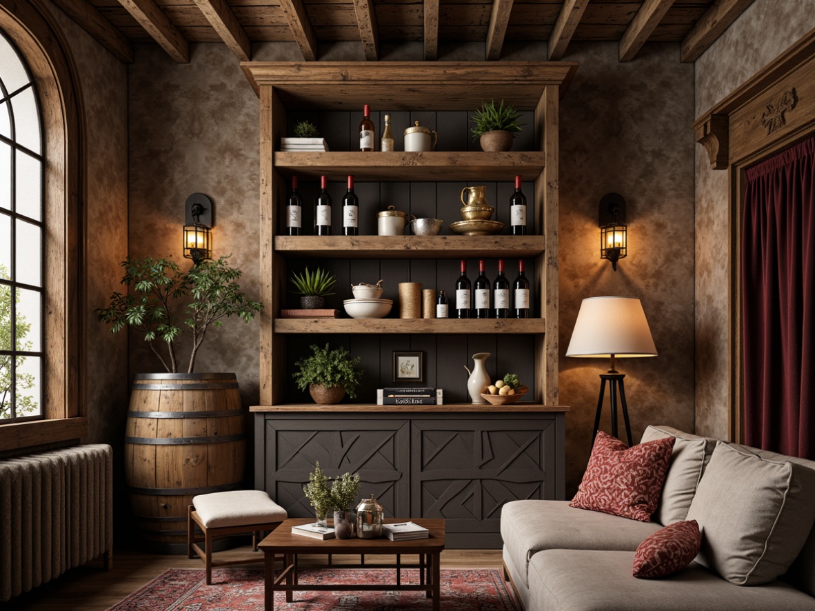 Prompt: Distressed wooden shelves, rustic metal brackets, vintage wine barrels, soft warm lighting, stone walls, earthy tones, natural textures, reclaimed wood accents, ornate ironwork, antique furniture pieces, luxurious velvet drapes, dimmable LED lights, 1/1 composition, shallow depth of field, realistic reflections, ambient occlusion.