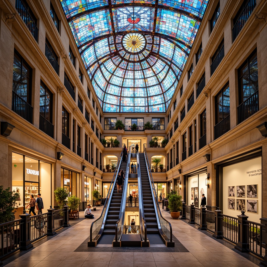 Prompt: Vibrant shopping center interior, stained glass ceiling, kaleidoscope colors, ornate patterns, Gothic-inspired architecture, luxurious ambiance, high-end retail stores, sleek modern escalators, polished marble floors, intricate ironwork, grand atriums, natural light pouring in, warm color temperature lighting, shallow depth of field, 1/2 composition, realistic reflections, ambient occlusion.