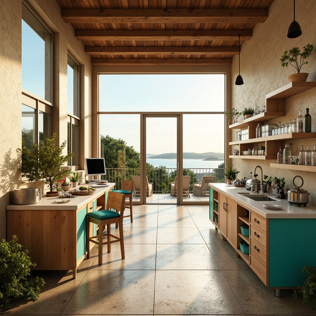 Prompt: Mediterranean-style laboratories, warm beige walls, rustic wooden accents, sleek metal equipment, modern scientific instruments, natural stone flooring, large glass windows, soft diffused lighting, ambient occlusion, subtle shadows, 3/4 composition, panoramic view, realistic textures, vibrant turquoise accents, ocean-inspired color palette, refreshing coastal atmosphere, sunny day, gentle warm glow, innovative LED lighting systems, energy-efficient solutions, minimalist design.