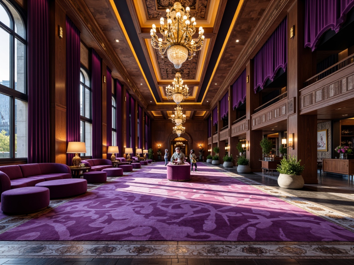 Prompt: Rich amethyst accents, luxurious velvet fabrics, ornate tile mosaics, intricate marble patterns, grand chandeliers, lavish furnishings, opulent drapery, regal purple hues, majestic gold trims, sophisticated modern architecture, sleek glass surfaces, polished metal fixtures, ambient warm lighting, shallow depth of field, 1/2 composition, realistic textures, soft focus blur.