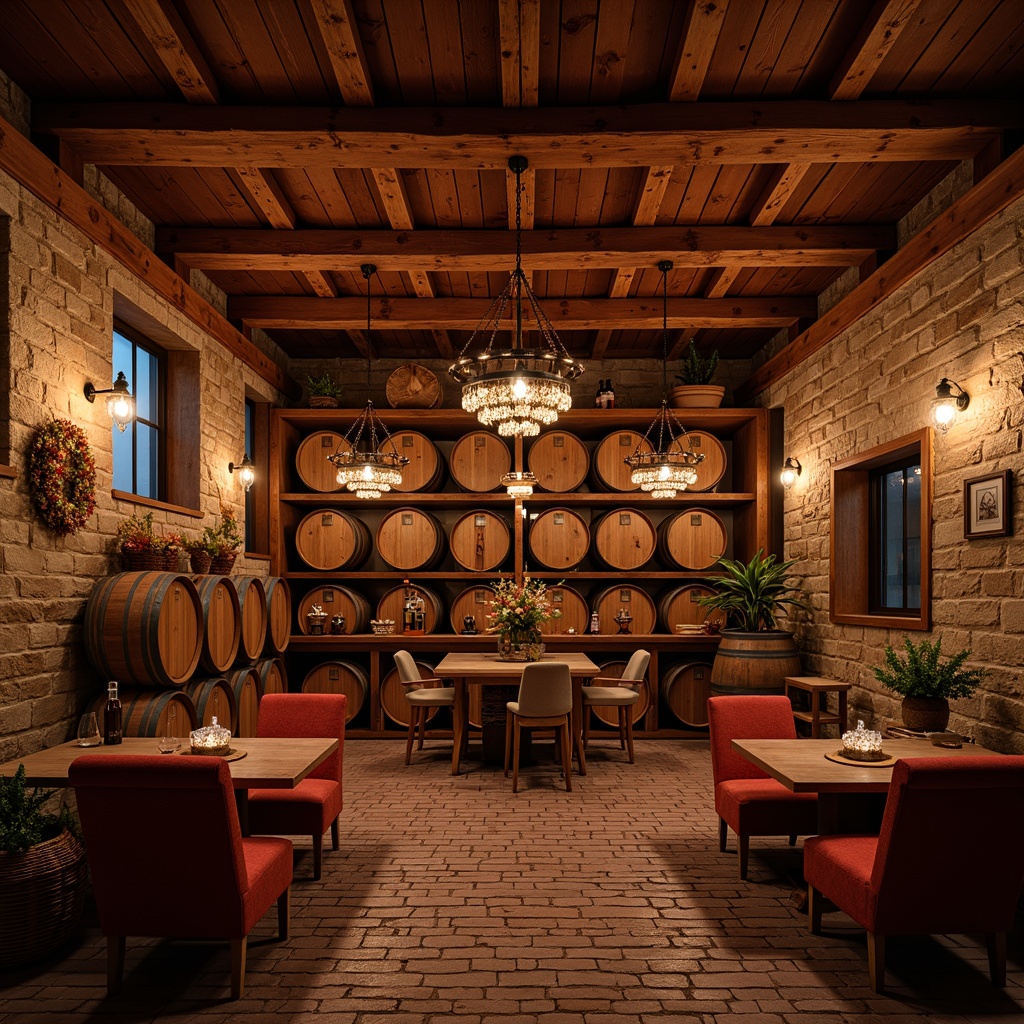 Prompt: Rustic winery interior, earthy color scheme, warm terracotta tones, rich wood accents, vintage metal decor, dimly lit atmosphere, soft candlelight, wooden barrels, wine cellar ambiance, natural stone walls, aged brick floors, distressed wood textures, classic chandeliers, cozy seating areas, plush velvet fabrics, deep crimson reds, earthy browns, muted golds, weathered copper tones, warm beige neutrals, soft creamy whites, ambient lighting, shallow depth of field, 2/3 composition, realistic textures, subtle color gradients.