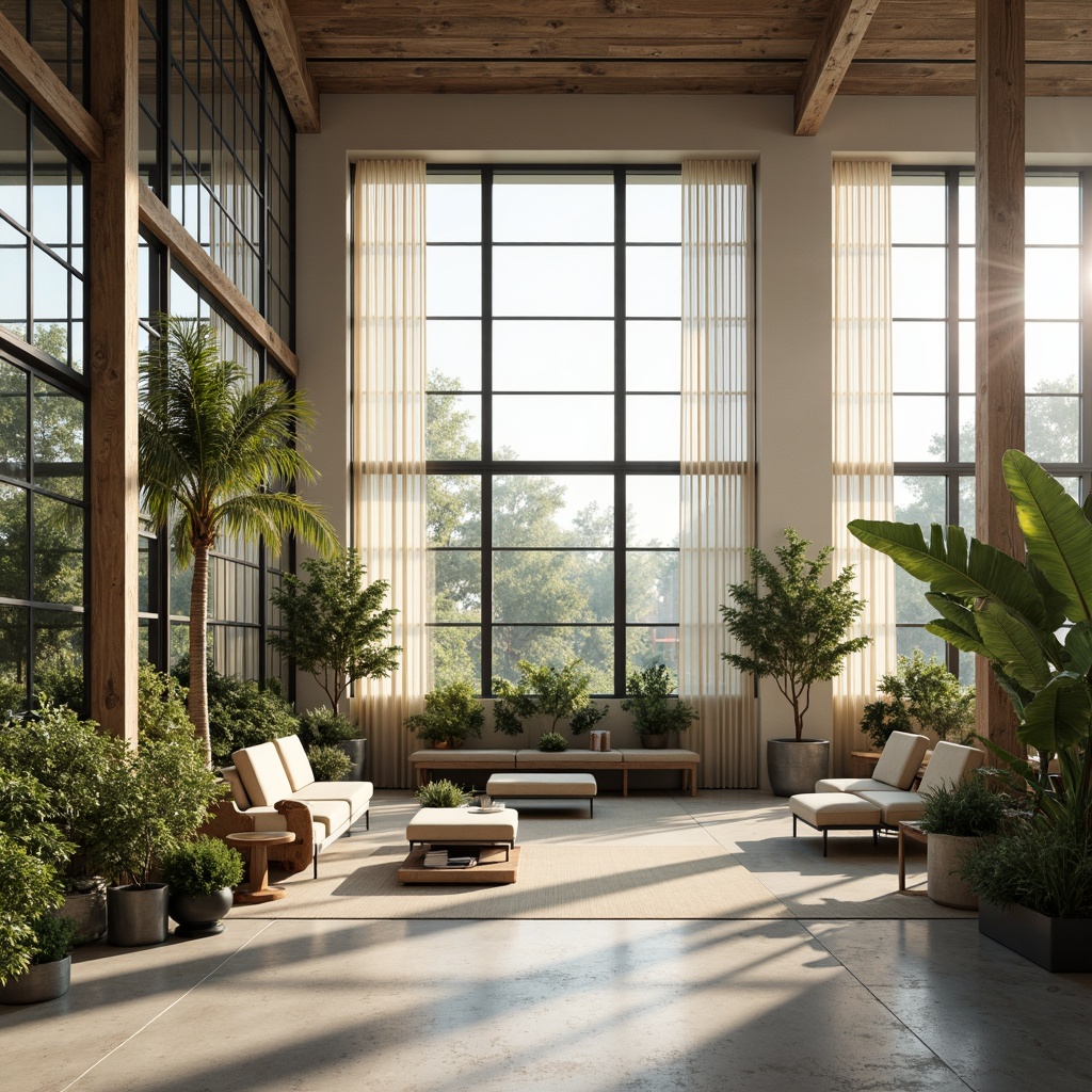 Prompt: Bauhaus-style interior, minimal decor, natural light pouring in, large windows, industrial metal frames, polished concrete floors, functional furniture, geometric shapes, monochromatic color scheme, airy atmosphere, abundant greenery, potted plants, sheer curtains, soft diffused lighting, warm beige tones, 1/1 composition, shallow depth of field, realistic textures, ambient occlusion.