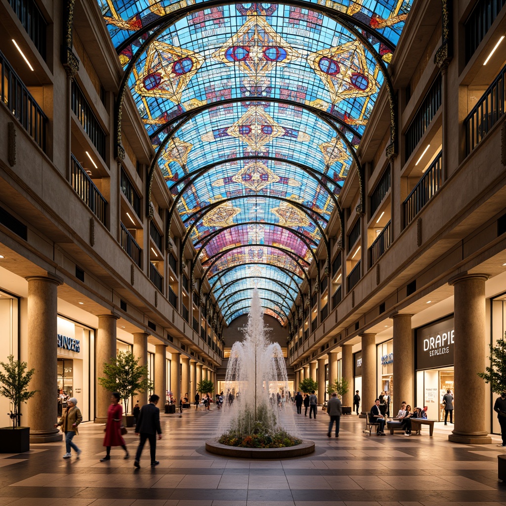 Prompt: Vibrant shopping center interior, stunning stained glass ceiling, kaleidoscope of colors, intricate patterns, ornate details, grand atrium, natural light filtering, majestic columns, polished marble floors, luxurious retail spaces, upscale brand logos, elegant font styles, warm ambient lighting, shallow depth of field, 1/2 composition, symmetrical framing, realistic reflections, subtle shadows, atmospheric misting system.