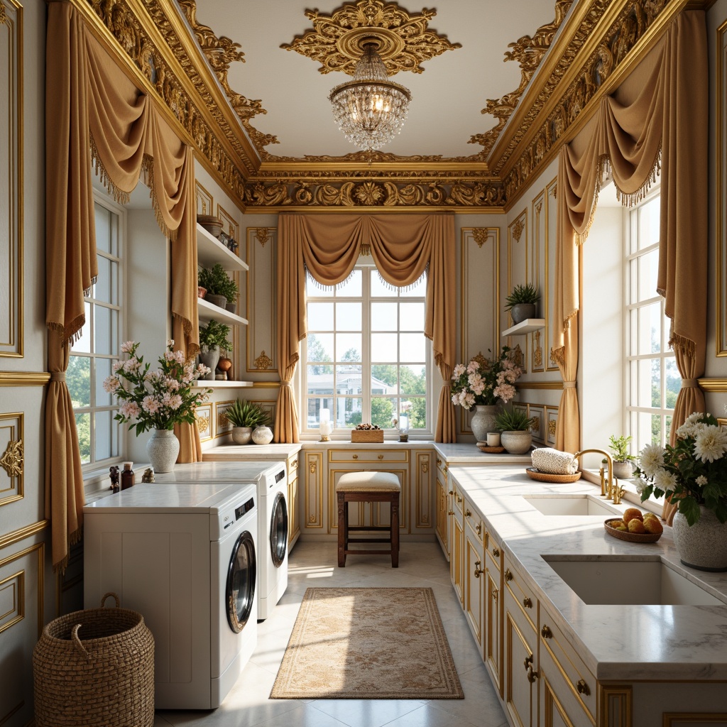 Prompt: Intricate laundry room, ornate Rococo-style decorations, delicate golden filigree, soft creamy marble countertops, lavish velvet drapes, antique bronze faucets, distressed wood cabinetry, elegant crystal chandeliers, lacy porcelain vases, intricate floral patterns, pastel color palette, warm soft lighting, shallow depth of field, 1/1 composition, realistic textures, ambient occlusion.