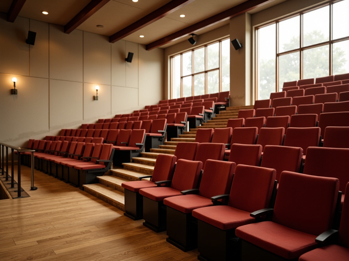 Prompt: Streamlined modern auditorium, tiered seating arrangement, sleek metal railings, plush red velvet seats, polished wooden floors, minimalist d\u00e9cor, floor-to-ceiling windows, natural light pouring in, warm beige walls, subtle ambient lighting, shallow depth of field, 1/2 composition, realistic textures, soft focus effect, gentle bokeh blur, calm atmosphere, afternoon sunlight, subtle shadows.