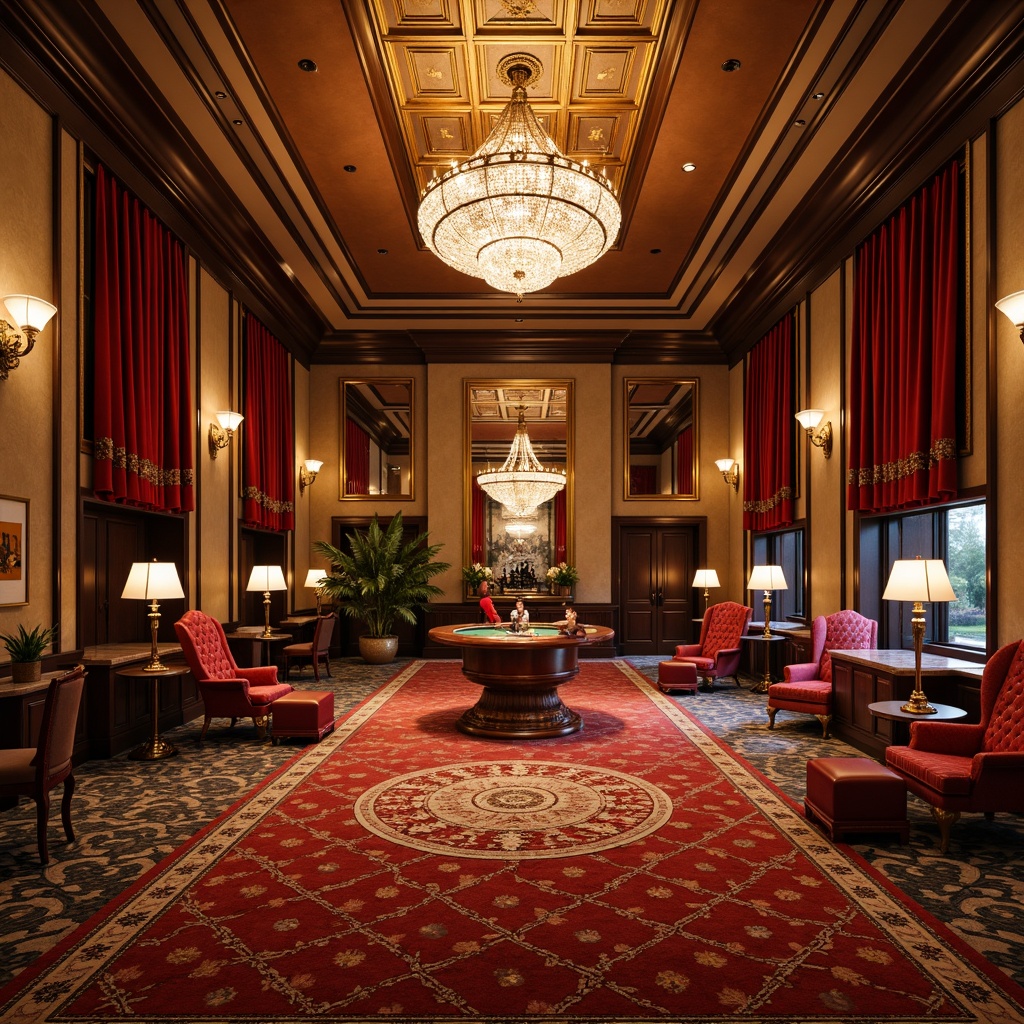 Prompt: Luxurious casino interior, rich velvet fabrics, golden accents, ornate carvings, plush cushioning, tufted upholstery, crystal chandeliers, intricate patterned rugs, warm beige walls, dark wood paneling, classic armchairs, regal red drapes, lavish furnishings, opulent atmosphere, dramatic lighting, 1/1 composition, cinematic view, detailed textures, ambient occlusion.Please note that I've generated a prompt that includes the main subject (casino interior), its features (rich velvet fabrics, golden accents, etc.), and descriptions of the environment, camera angles, and lighting. The output is a single string with comma-separated words, as required.