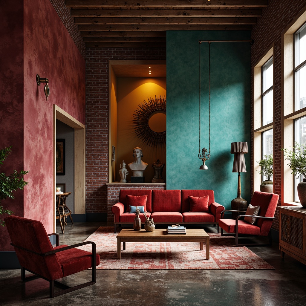 Prompt: Rich maroon accents, bold geometric shapes, distressed textures, industrial materials, exposed brick walls, eclectic furniture, vibrant turquoise pops, warm golden lighting, abstract art pieces, ornate metal fixtures, luxurious velvet fabrics, avant-garde sculptures, atmospheric mist, shallow depth of field, 1/1 composition, realistic renderings, ambient occlusion.