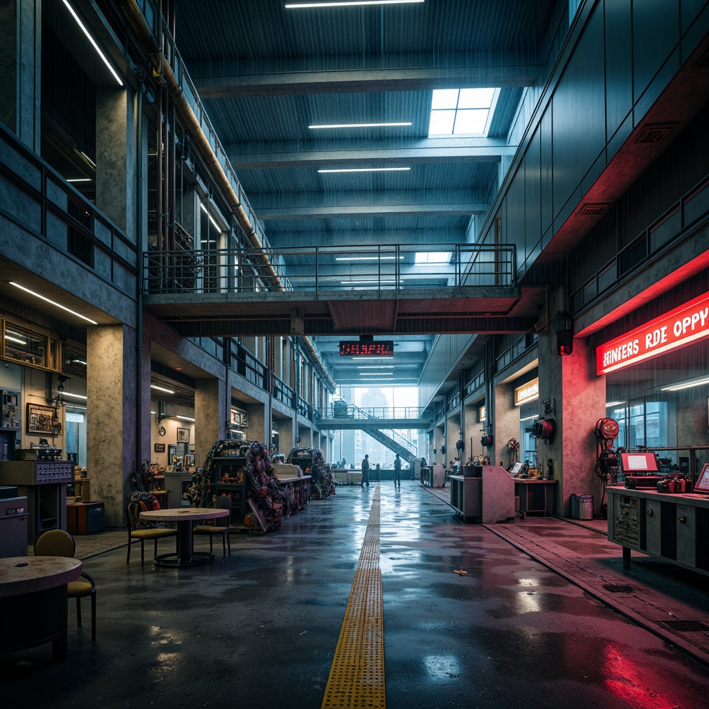 Prompt: Futuristic factory interior, exposed steel beams, concrete floors, industrial pipes, mechanical equipment, LED lighting, metallic catwalks, futuristic control panels, neon-lit signs, urban cityscape views, rainy night atmosphere, high-contrast lighting, deep depth of field, 1/2 composition, cinematic camera angles, realistic metallic textures, ambient occlusion.