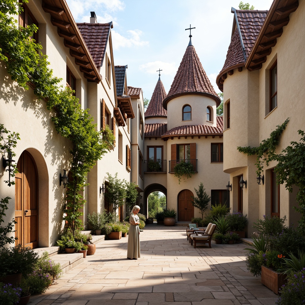 Prompt: Rustic stone walls, steeply pitched roofs, charming turrets, decorative shutters, wooden window frames, soft cream-colored stucco, earthy red terracotta tiles, lush green vines, blooming flowers, ornate metalwork, distressed wood accents, warm beige stone flooring, elegant archways, soft natural lighting, 1/1 composition, shallow depth of field, romantic ambiance.