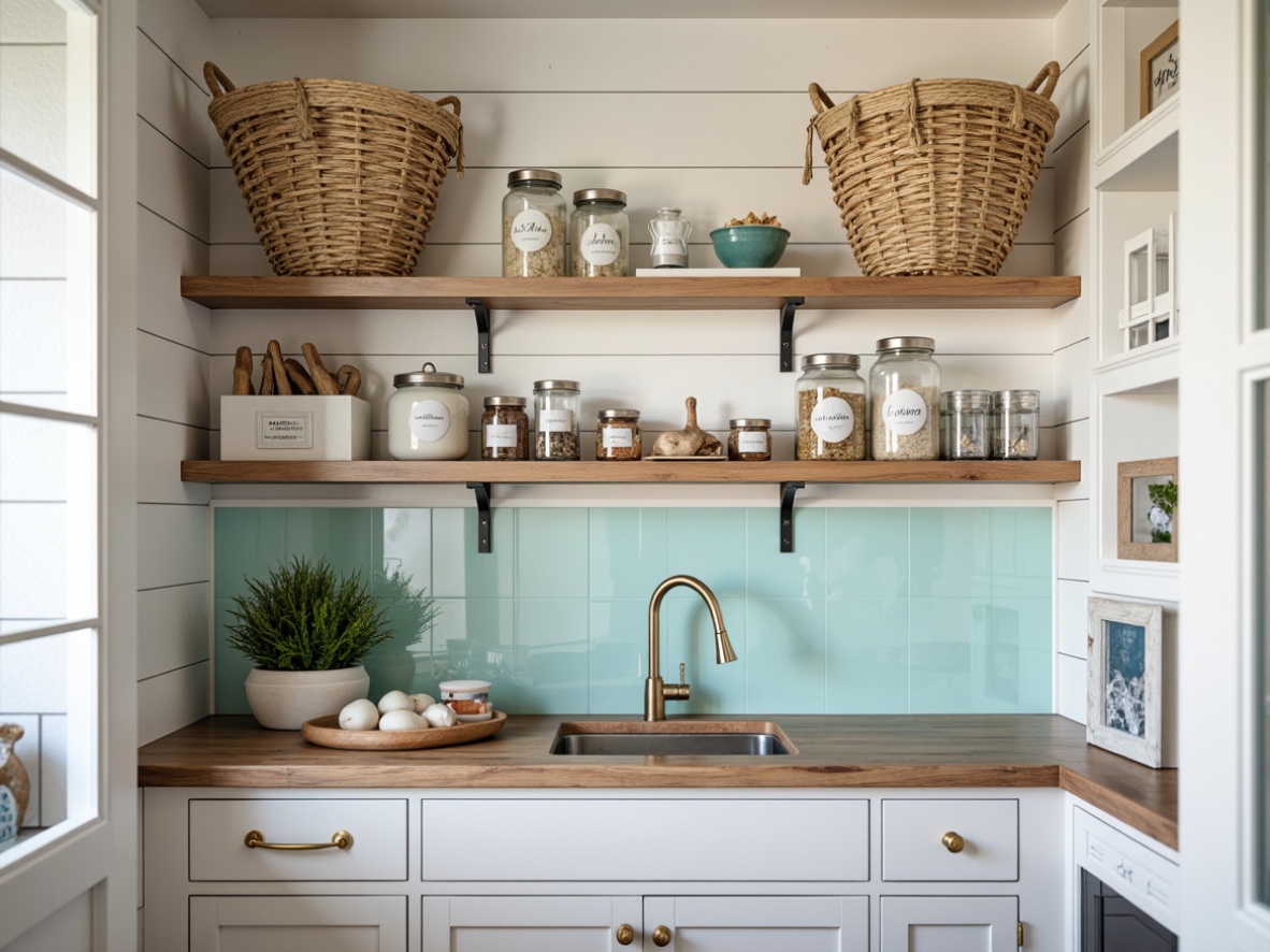 Prompt: Coastal pantry design, white shiplap walls, rustic wooden shelves, woven sea grass baskets, nautical rope accents, ocean-inspired decorative accessories, glass jars with beachy labels, turquoise glass backsplash, distressed wood countertops, soft warm lighting, open shelving units, modern coastal style, crisp clean lines, minimal ornamentation, functional storage solutions, easy-access cabinetry, calming color palette, serene atmosphere, 1/1 composition, natural textures, shallow depth of field.