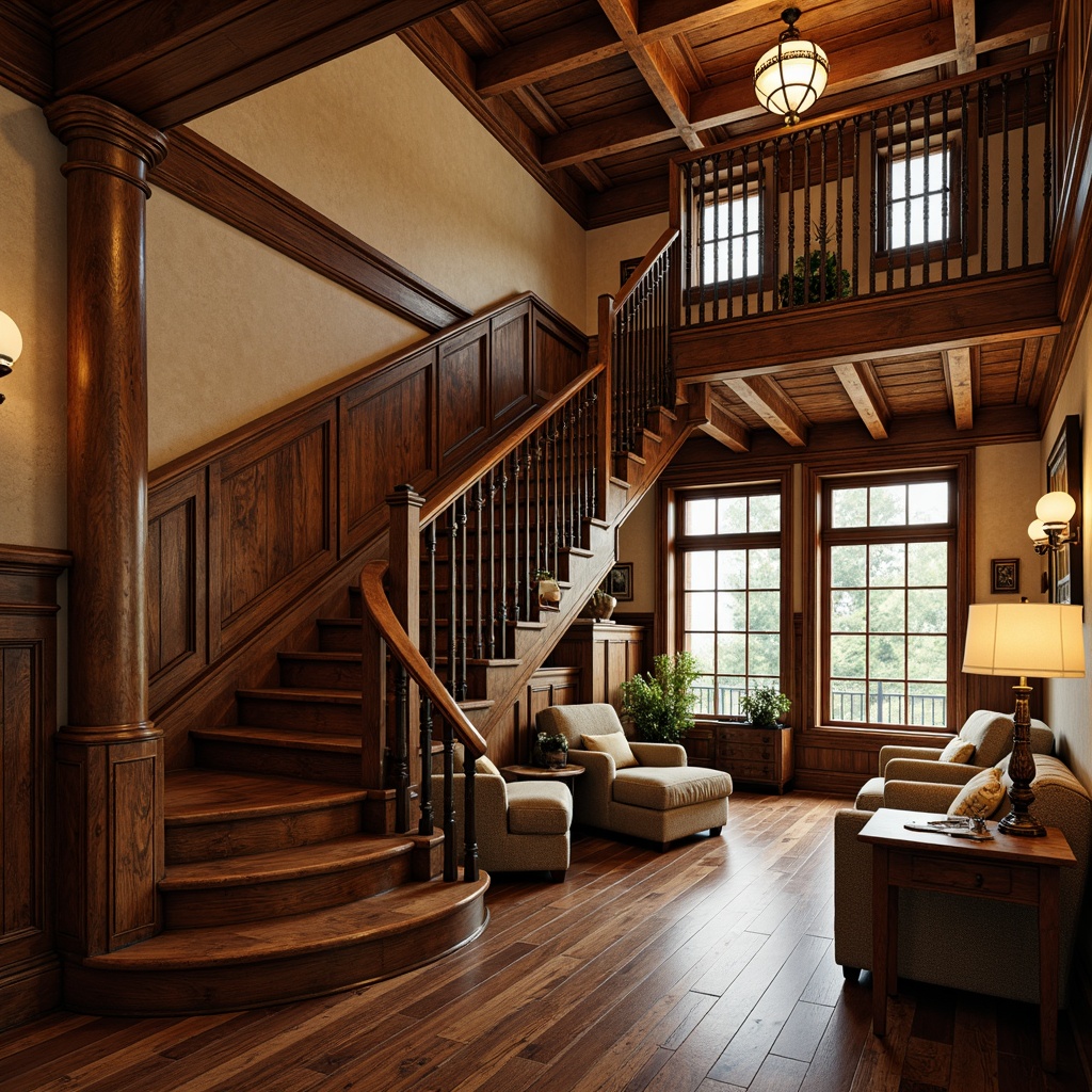 Prompt: Rich wooden tones, distressed finishes, ornate carvings, rustic metalwork, decorative railings, traditional newel posts, oak wood treads, walnut banisters, soft warm lighting, cozy atmosphere, natural textures, earthy color palette, classic design elements, vintage charm, warm beige walls, dark hardwood floors, comfortable seating areas, inviting reading nooks, 1/2 composition, shallow depth of field, realistic wood grain details.