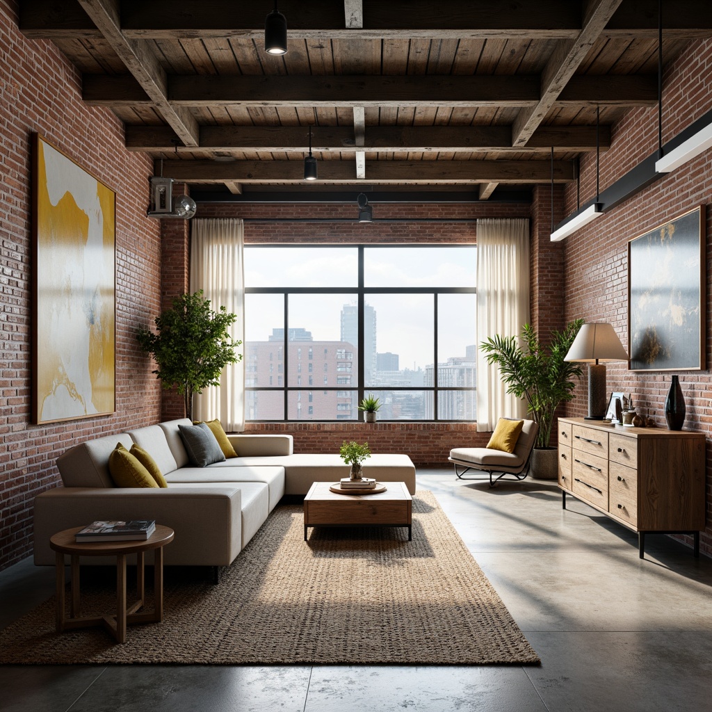 Prompt: Industrial-chic loft, exposed brick walls, metal beams, polished concrete floors, reclaimed wood accents, minimalist decor, urban landscape views, natural light pouring in, airy atmosphere, modern art pieces, sleek furniture, neutral color palette, warm ambiance, cozy reading nooks, statement lighting fixtures, textured area rugs, distressed wood tones, industrial-style lamps, abstract artwork, eclectic decor, functional storage solutions, open-plan living spaces.