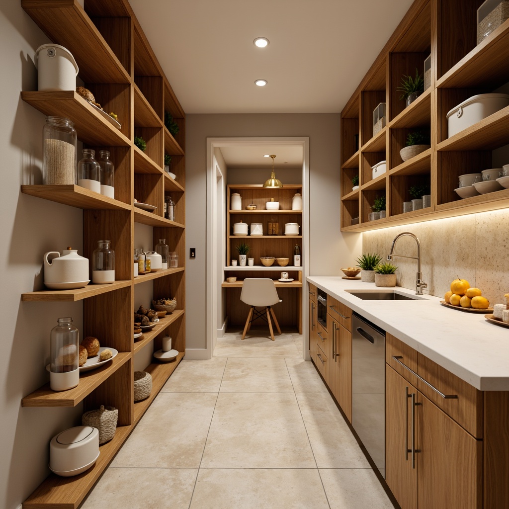 Prompt: Cozy pantry interior, warm beige tones, wooden shelves, glass jars, metallic accents, soft ambient lighting, recessed LED lights, under-cabinet task lighting, pendant lamps, matte white finishes, subtle chrome details, natural stone countertops, earthy color palette, organic textures, shallow depth of field, 1/1 composition, realistic reflections, warm softbox lighting.