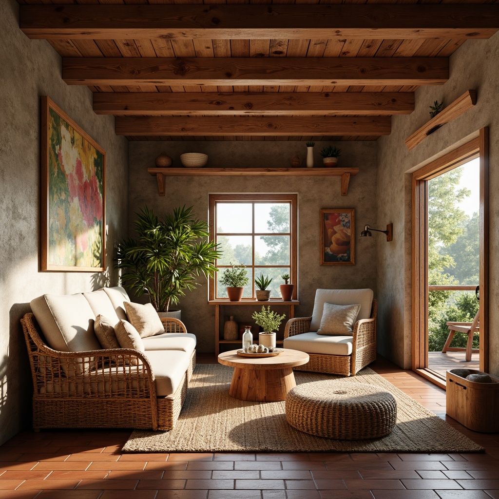 Prompt: Earthy tone cabin, reclaimed wood accents, natural stone walls, earthy red brick floors, woven wicker furniture, linen upholstery, jute rugs, potted greenery, wooden beam ceilings, warm ambient lighting, cozy reading nooks, minimalist decor, organic shapes, handcrafted textures, nature-inspired color palette, soft morning light, shallow depth of field, 1/1 composition, intimate atmosphere.