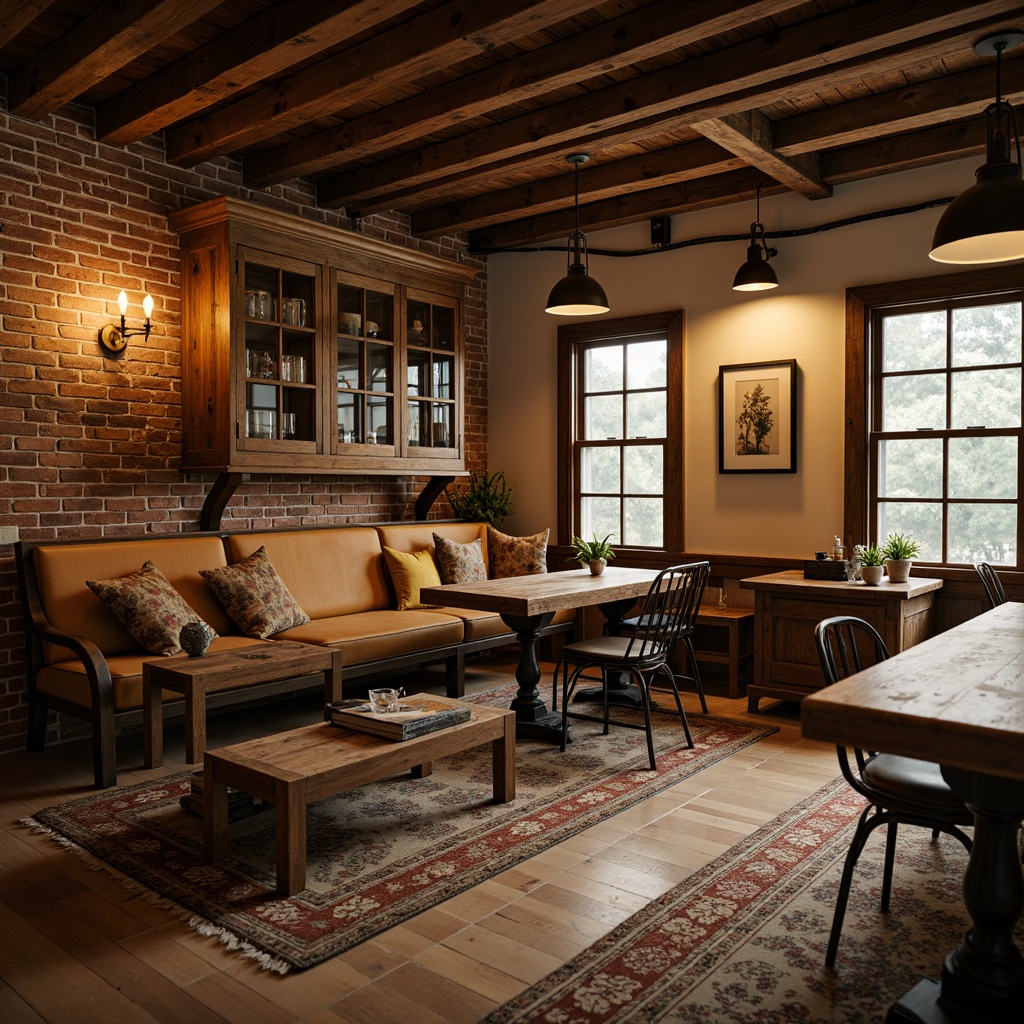 Prompt: Rustic wooden tables, vintage metal chairs, distressed leather sofas, ornate wooden cabinets, earthy tone fabrics, natural fiber rugs, exposed brick walls, reclaimed wood accents, industrial metal lighting, warm cozy atmosphere, soft golden lighting, shallow depth of field, 1/2 composition, realistic textures, ambient occlusion.