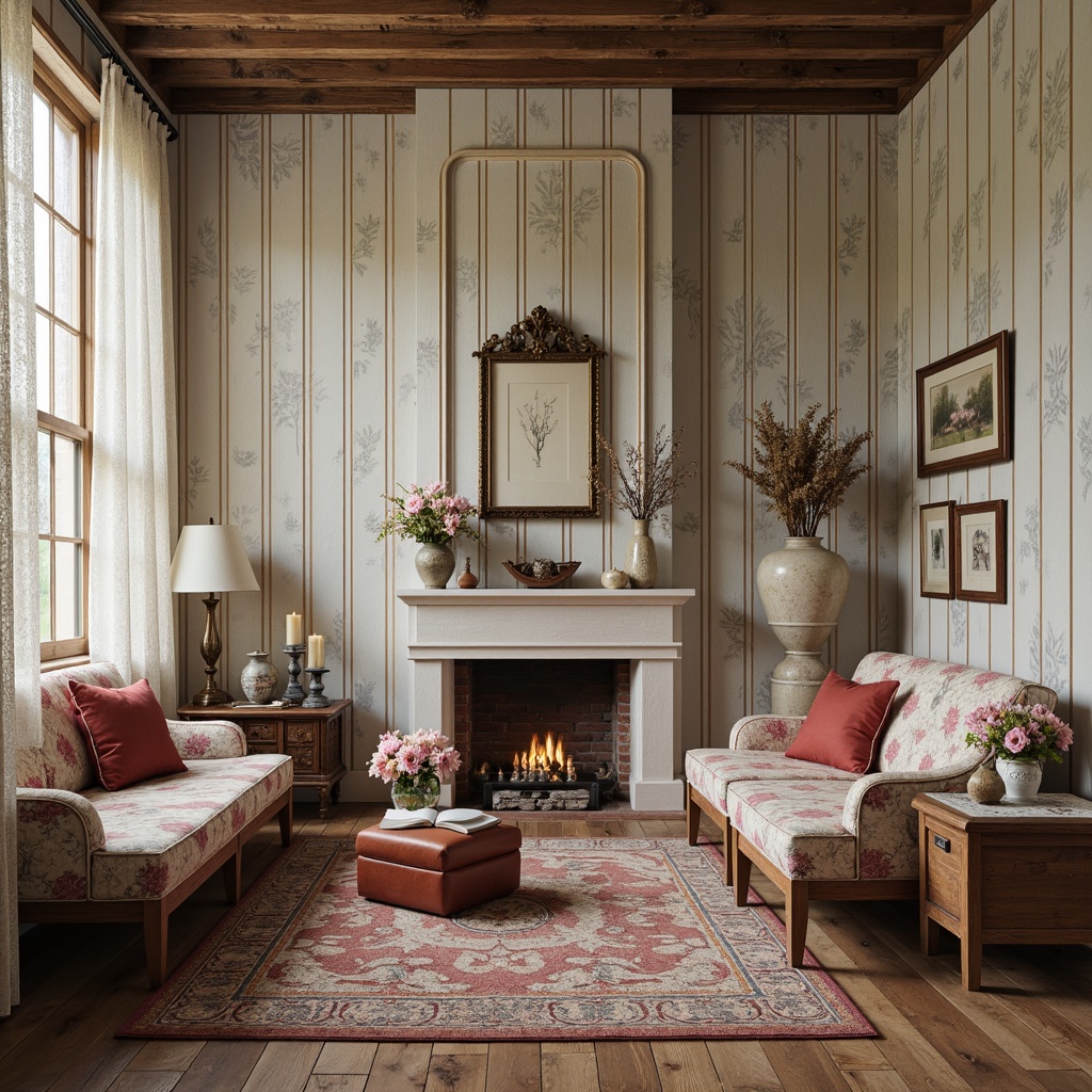 Prompt: Distressed wood accents, vintage furniture pieces, soft pastel colors, lace drapery, floral patterns, antique decorative items, rustic metal frames, plush velvet upholstery, ornate carvings, distressed finishes, feminine touches, cozy reading nooks, natural fiber rugs, warm candlelight, shallow depth of field, 1/1 composition, soft focus, warm color palette.