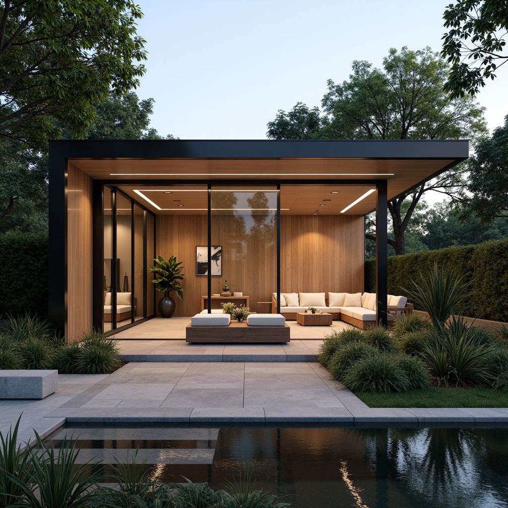 Prompt: Minimalist pavilion, open space concept, sleek glass walls, polished concrete floors, natural wood accents, subtle LED lighting, modern furniture pieces, geometric shapes, airy atmosphere, lush greenery surroundings, serene water features, calm ambiance, shallow depth of field, 1/1 composition, soft warm lighting, realistic textures, ambient occlusion.