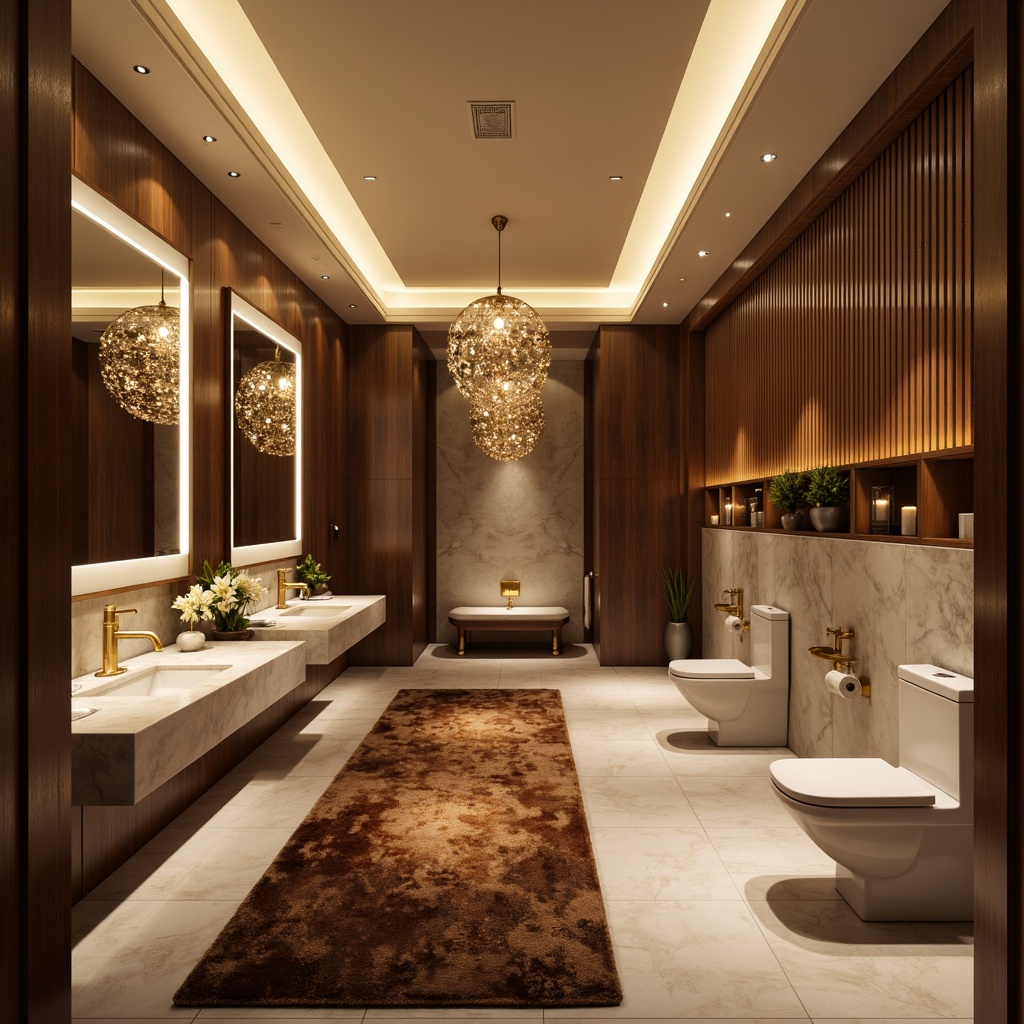 Prompt: Luxurious powder room, sleek modern design, streamline architecture, soft warm lighting, LED strip lights, crystal chandeliers, glossy marble countertops, ornate gold faucets, velvety plush carpets, rich wood paneling, minimalist decor, subtle color palette, relaxing ambiance, gentle shadows, 1/1 composition, shallow depth of field, soft focus effect.