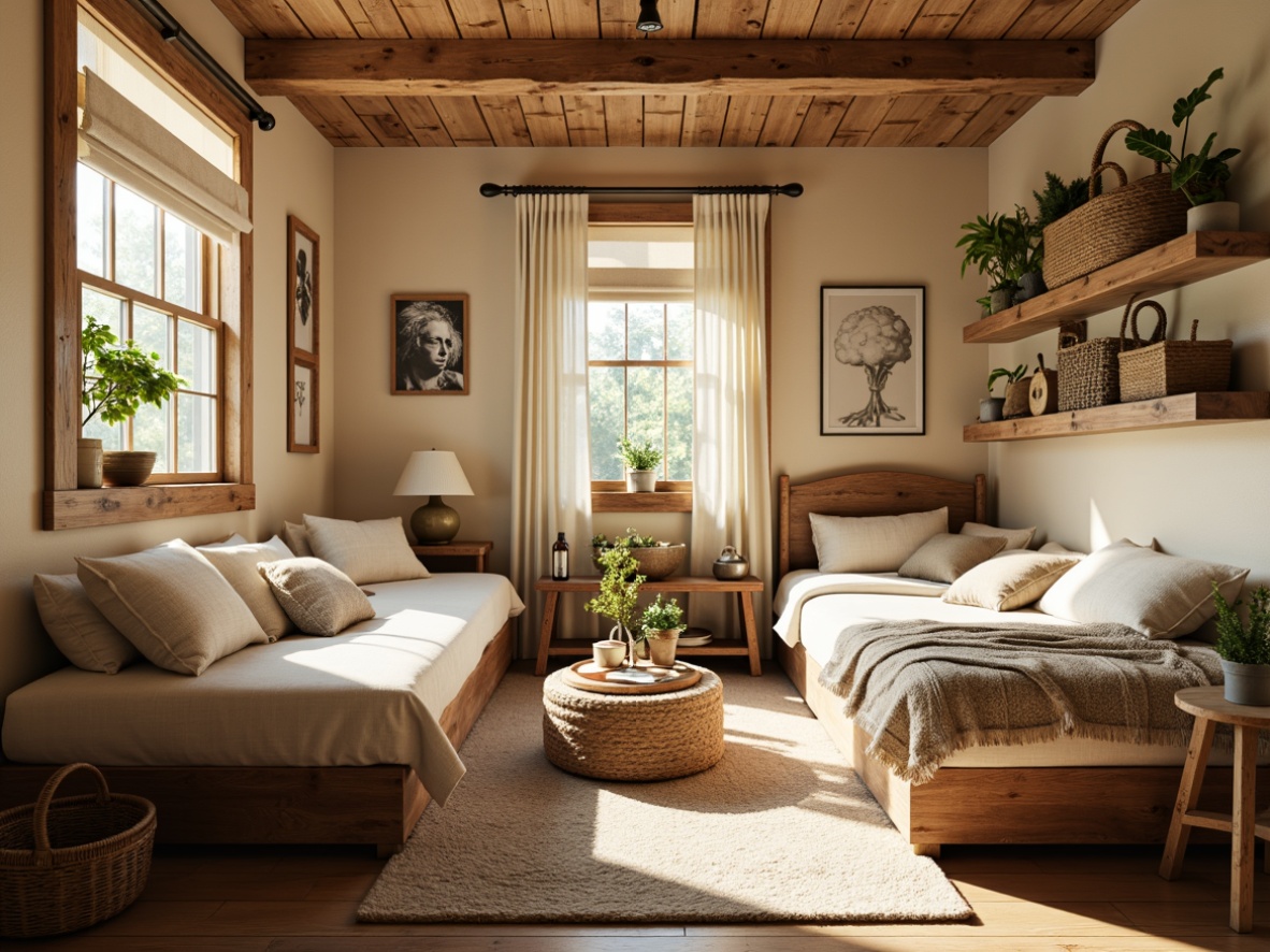 Prompt: Cozy farmhouse-style dorm, warm beige walls, rustic wooden accents, vintage metal decor, plush textiles, soft pastel colors, creamy whites, weathered wood tones, earthy browns, distressed finishes, natural fibers, woven baskets, potted greenery, morning sunlight, warm golden lighting, shallow depth of field, 1/1 composition, intimate atmosphere, realistic textures, ambient occlusion.