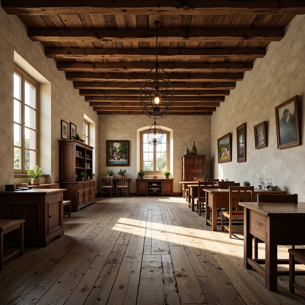 Prompt: Rustic wooden floors, distressed finishes, wide plank boards, soft warm lighting, classic French country architecture, stone walls, arched windows, natural materials, earthy color palette, vintage educational decorations, traditional wooden desks, ornate metalwork, elegant chandeliers, subtle textures, shallow depth of field, 1/1 composition, realistic renderings, ambient occlusion.