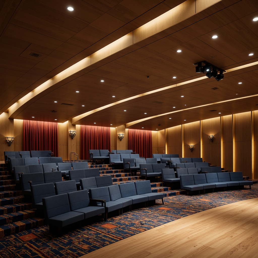 Prompt: Streamlined auditorium interior, modernist architecture, curved lines, minimalist decor, rich velvet seats, polished chrome accents, warm beige walls, deep blue carpeting, subtle silver lighting, dramatic spotlights, ornate golden details, luxurious crimson curtains, geometric patterned rugs, sleek wooden floors, ambient indirect lighting, shallow depth of field, 2/3 composition, cinematic atmosphere.