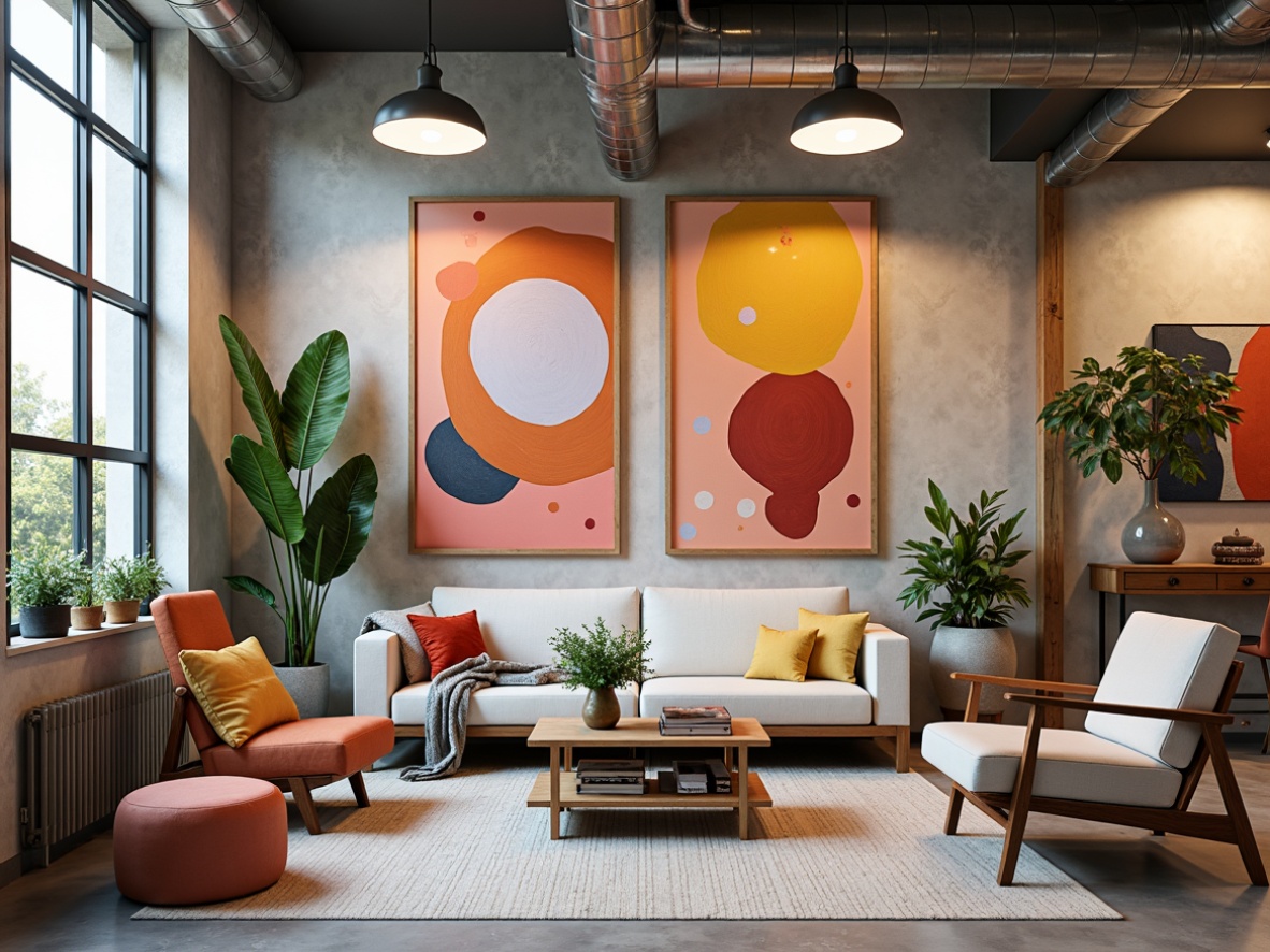 Prompt: Vibrant design studio, modern artistic space, eclectic furniture, abstract artwork, bold color accents, pastel hues, neutral backgrounds, natural textures, industrial metal accents, reclaimed wood elements, geometric patterns, soft warm lighting, shallow depth of field, 3/4 composition, realistic textures, ambient occlusion.