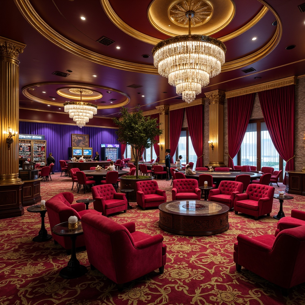 Prompt: Luxurious casino interior, rich velvet fabrics, ornate gold accents, classic button-tufting upholstery, plush crimson red sofas, opulent armchairs, intricate wooden carvings, crystal chandeliers, lavish drapery, regal purple hues, sophisticated patterns, elegant curves, high-stakes ambiance, dramatic lighting effects, warm golden tones, inviting lounge areas, exclusive VIP zones, prestigious gaming tables, refined decorative trimmings.