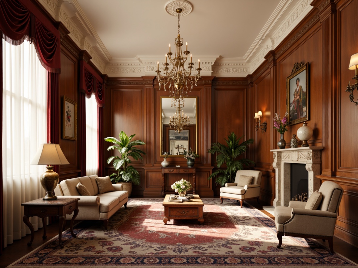 Prompt: Rich wood paneling, ornate moldings, elegant chandeliers, plush area rugs, warm beige walls, creamy white ceilings, luxurious velvet fabrics, antique furniture pieces, intricate carvings, distressed leather accents, soft golden lighting, 1/1 composition, shallow depth of field, realistic textures, ambient occlusion.