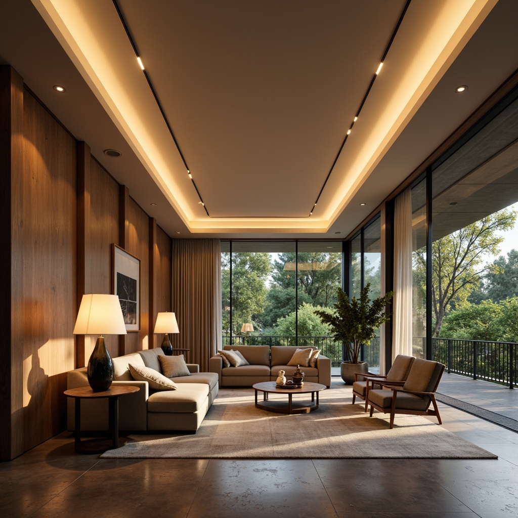 Prompt: Modern living room, sleek ceiling lights, warm ambient glow, recessed lighting, LED strips, floor lamps, table lamps, pendant lights, minimalist design, natural textiles, earthy tones, comfortable seating, cozy atmosphere, afternoon sunlight, soft shadows, 1/1 composition, realistic reflections.