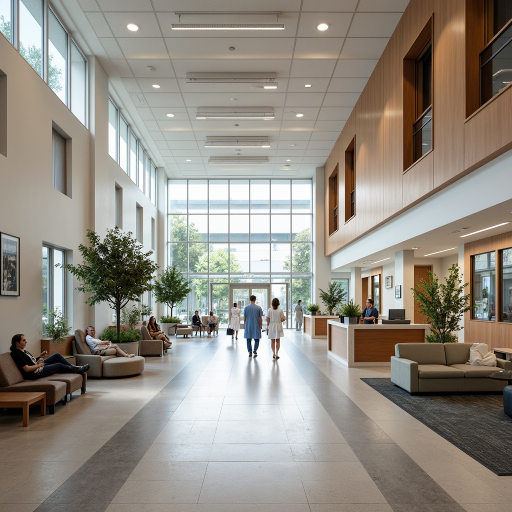 Prompt: Spacious hospital lobby, calming atmosphere, natural light, comfortable seating areas, reception desks, waiting rooms, quiet corridors, patient rooms, medical equipment, nurse stations, doctor's offices, ICU units, surgical departments, operating rooms, recovery wards, pharmacies, laboratories, radiology departments, wheelchair accessibility, gentle color schemes, warm lighting, acoustic ceilings, non-slip flooring, minimal noise pollution, 1/2 composition, soft focus, realistic textures, subtle ambient occlusion.