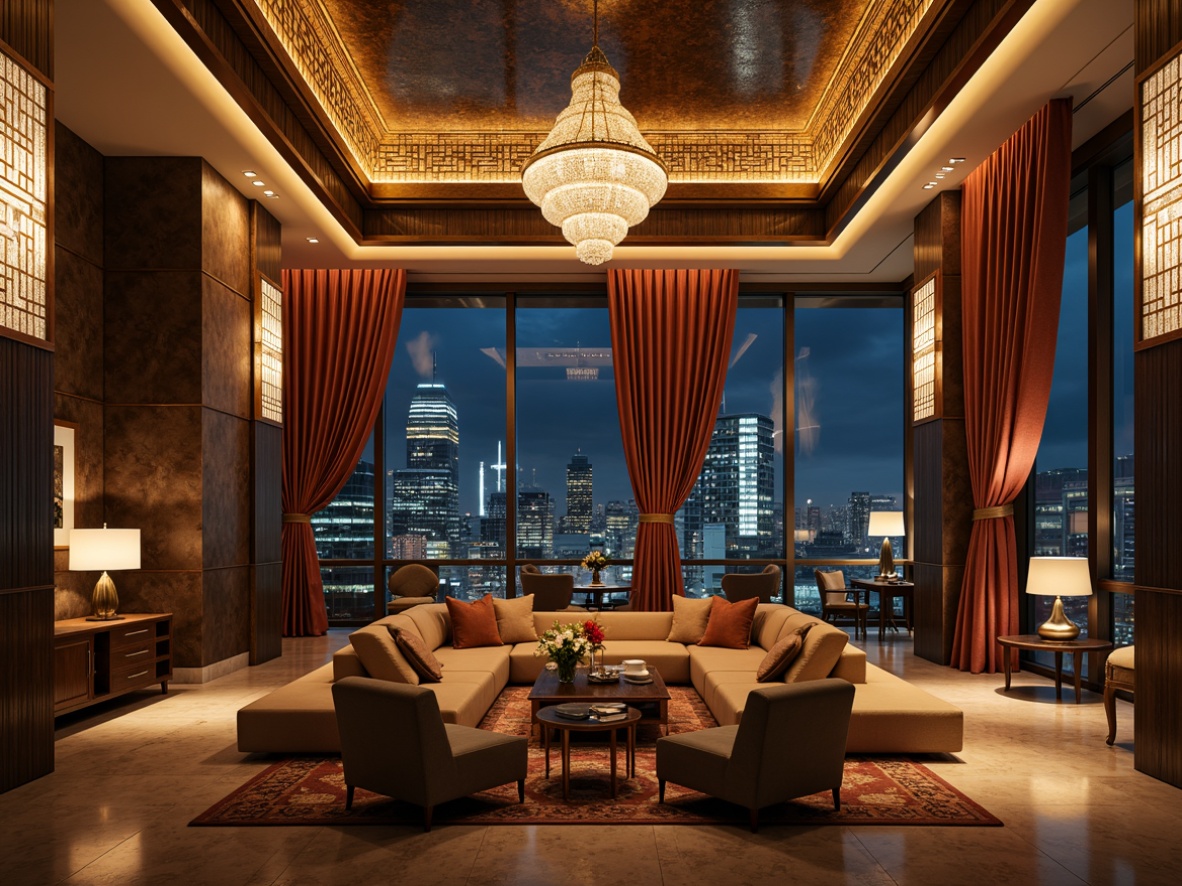 Prompt: Luxurious penthouse interior, Art Deco style, metallic accents, geometric patterns, ornate fixtures, crystal chandeliers, sconce lighting, floor lamps, table lamps, metallic shades, opulent fabrics, velvet drapes, marble floors, high ceilings, dramatic city views, nighttime ambiance, warm golden lighting, soft warm glow, subtle shadows, 1/1 composition, realistic textures, ambient occlusion.