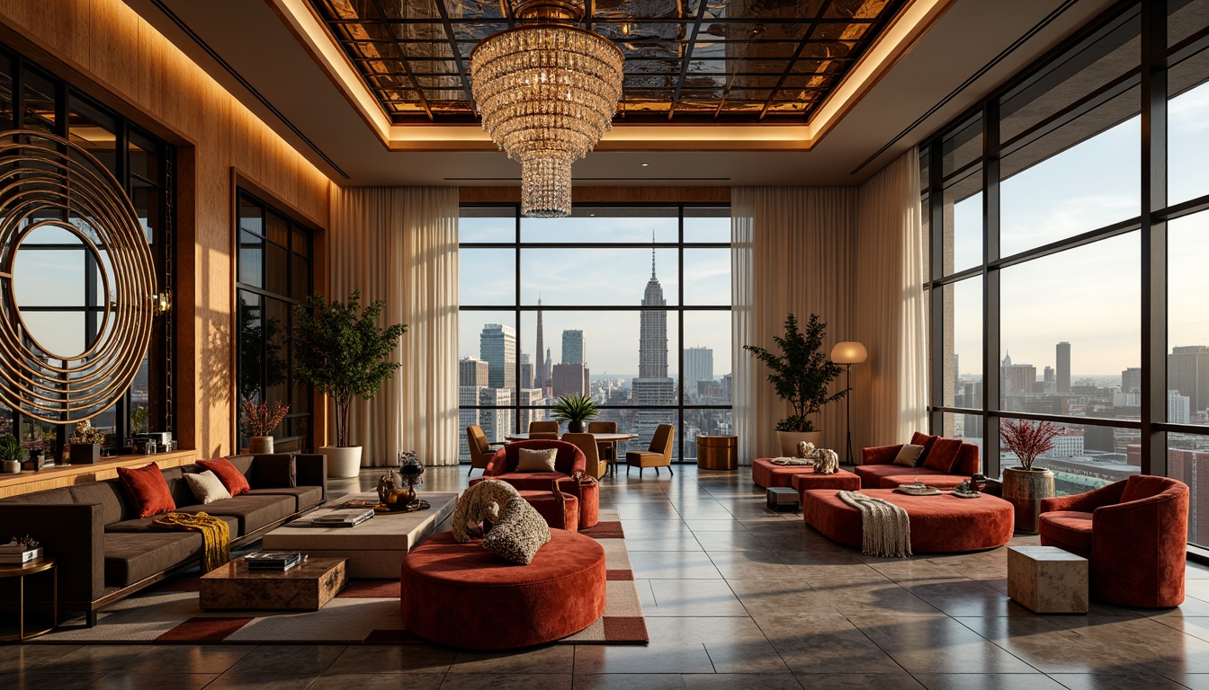 Prompt: Luxurious penthouse interior, Art Deco style, metallic accents, geometric patterns, ornate mirrors, crystal chandeliers, marble flooring, velvet upholstery, bold color schemes, statement furniture pieces, curved lines, opulent textiles, glamorous ambiance, high ceilings, floor-to-ceiling windows, city skyline views, dramatic lighting, 3-point composition, realistic reflections, detailed normal maps.