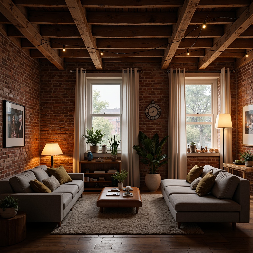 Prompt: Cozy loft space, exposed brick walls, wooden beams, industrial chic, modern minimalist furniture, soft warm glow, table lamps, floor lamps, string lights, pendant lights, LED strip lights, ambient lighting, task lighting, accent lighting, warm white tone, softbox shadows, shallow depth of field, 1/1 composition, realistic textures, subtle color grading.