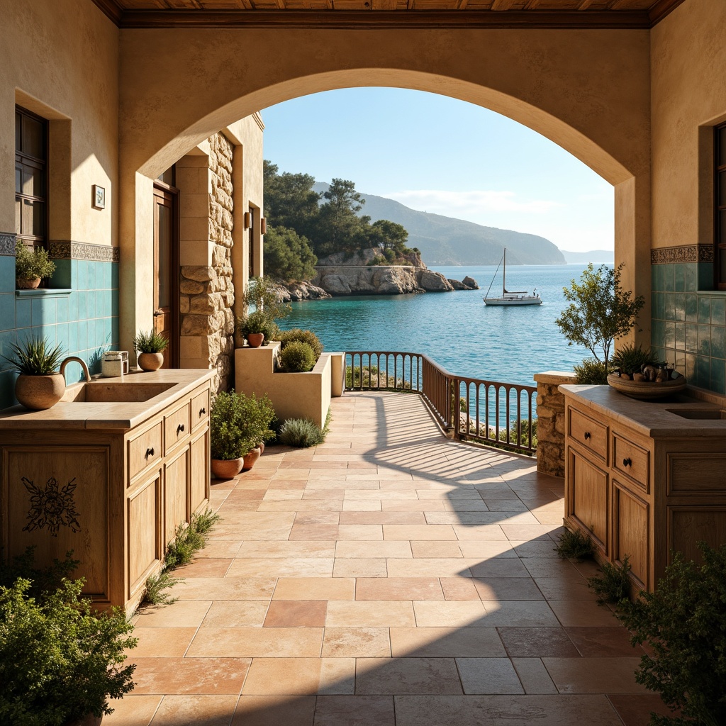 Prompt: Warm beige laboratory walls, soft blue accents, earthy terracotta flooring, natural stone countertops, distressed wood cabinetry, ornate metal fixtures, lush greenery, potted plants, warm golden lighting, shallow depth of field, 3/4 composition, panoramic view, realistic textures, ambient occlusion, coastal Mediterranean scenery, clear turquoise water, sailboats, sandy shores, rustic wooden docks, vintage nautical elements, weathered stone walls, curved archways, ornate tile work, sunny day, soft warm breeze.