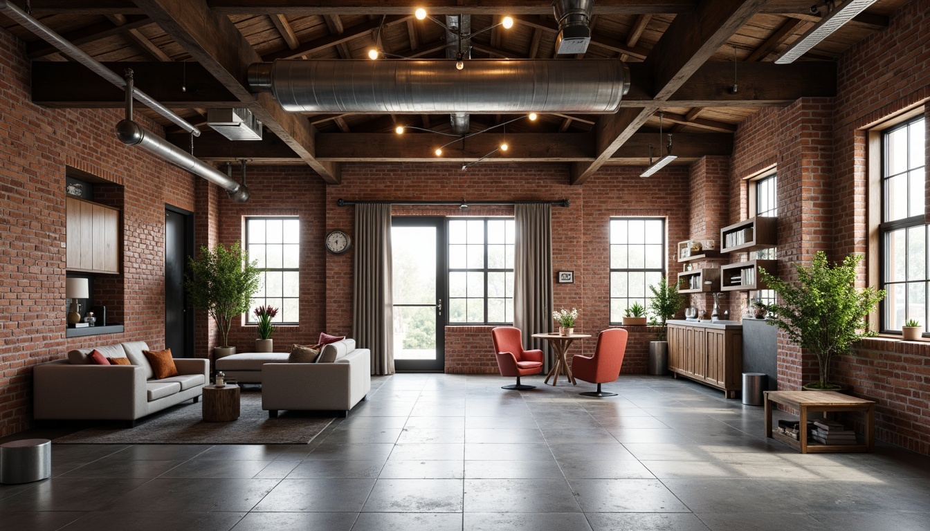 Prompt: Exposed brick walls, metal beams, industrial-style lighting, reclaimed wood accents, polished concrete floors, minimalist decor, urban loft atmosphere, high ceilings, open space layout, natural light pouring in, soft warm glow, shallow depth of field, 1/1 composition, realistic textures, ambient occlusion.