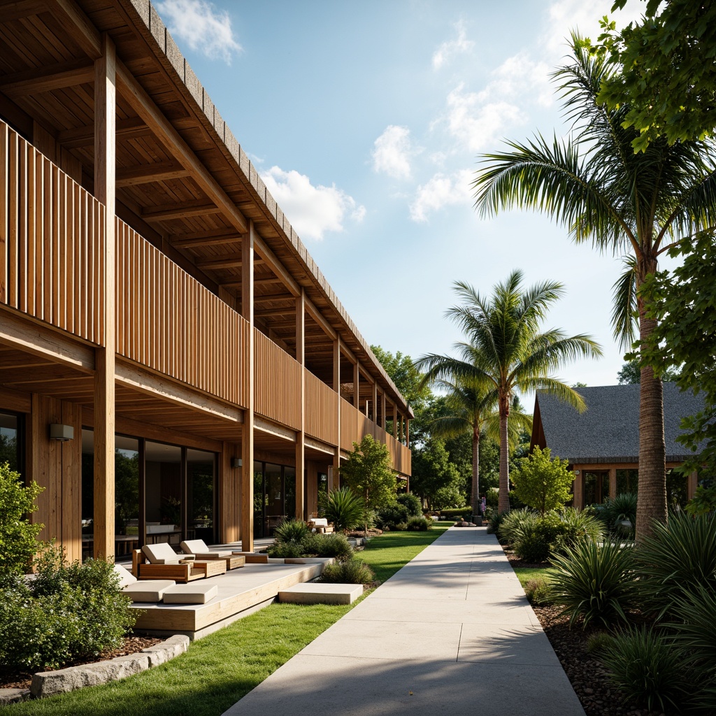 Prompt: Tropical architecture, natural ventilation system, large overhanging roofs, wooden louvers, clerestory windows, high ceilings, open interior spaces, breezy atmosphere, lush greenery, palm trees, warm sunny day, soft diffused lighting, 3/4 composition, shallow depth of field, realistic textures, ambient occlusion.