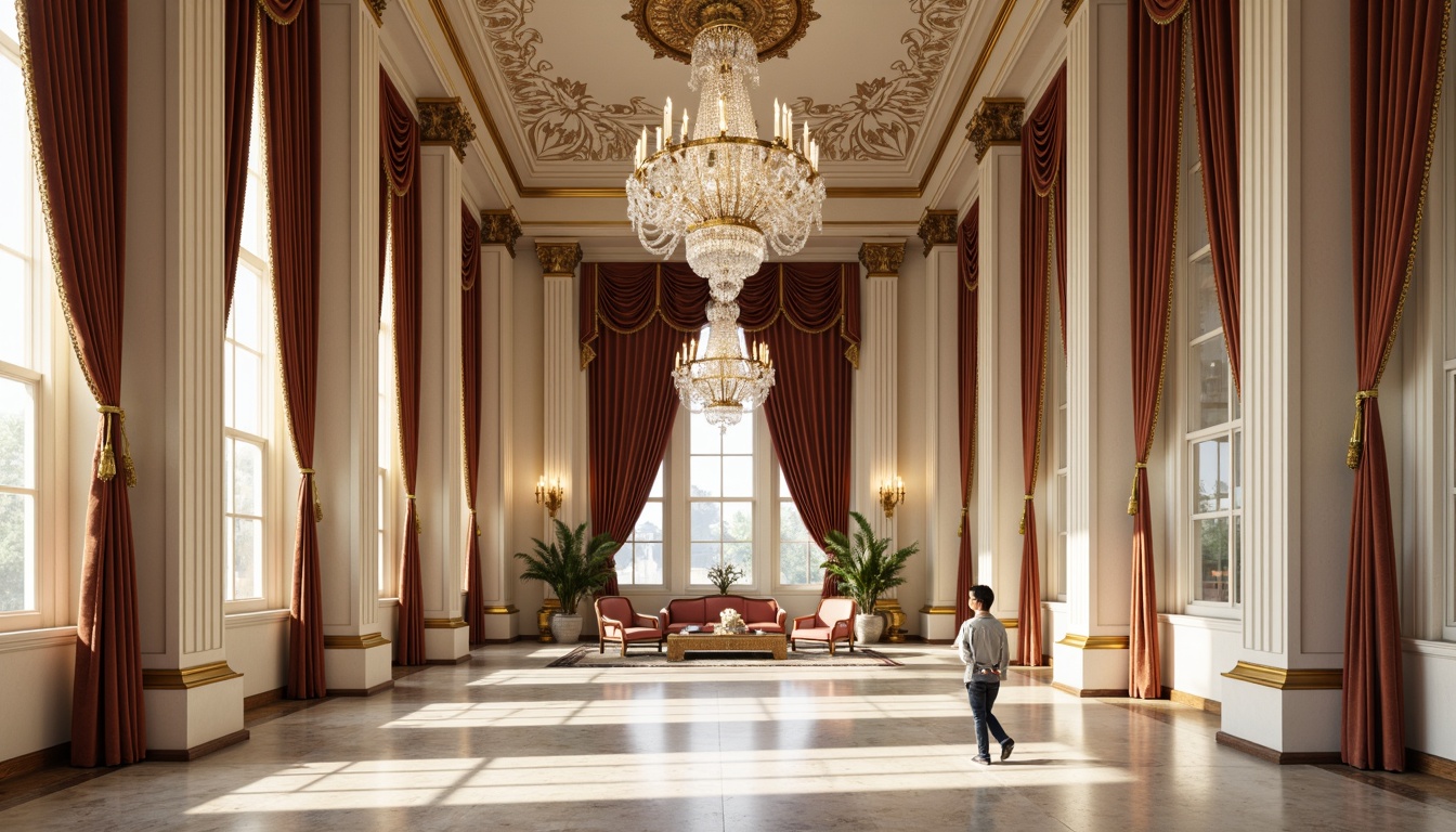 Prompt: Grandiose crystal chandeliers, ornate gold fixtures, luxurious velvet drapes, richly polished marble floors, stately columned halls, intricately carved wooden paneling, soft warm glow, subtle shadows, creamy white walls, elegant archways, symmetrical composition, 1/1 aspect ratio, realistic reflections, ambient occlusion, neoclassical architectural elements, refined ornateness, sophisticated ambiance, lavish furnishings, opulent decor.