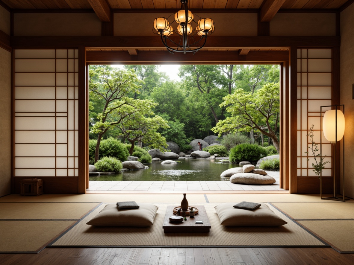 Prompt: Traditional Japanese tatami mats, sliding shoji screens, natural wood accents, paper lanterns, subtle lighting, serene water features, lush greenery, vibrant bonsai trees, intricately carved wooden furniture, minimalist decor, soft warm color palette, gentle diffused lighting, shallow depth of field, 3/4 composition, panoramic view, realistic textures, ambient occlusion.