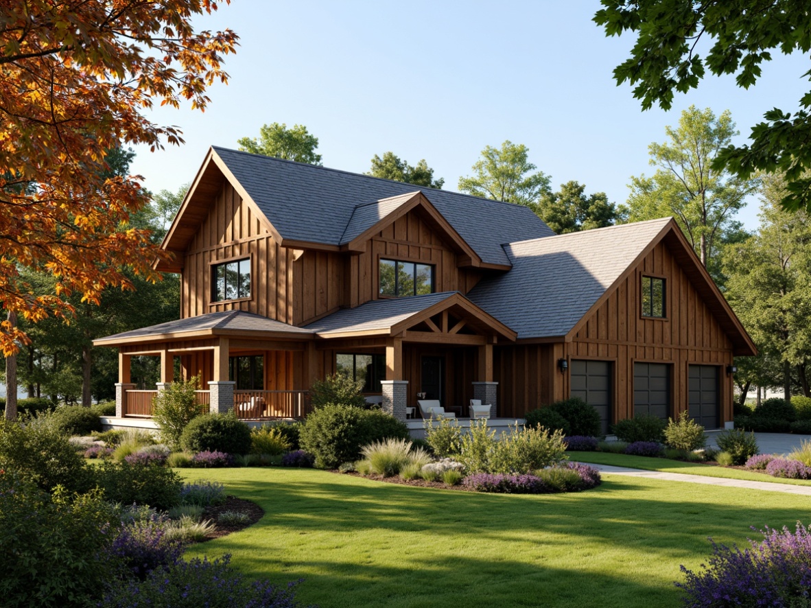 Prompt: Rustic traditional house, wooden siding, natural cedar shakes, earthy brown tones, classic colonial architecture, pitched roofs, dormer windows, ornate trim details, elegant entranceways, lush green lawns, mature trees, sunny afternoon, warm soft lighting, shallow depth of field, 3/4 composition, realistic textures, ambient occlusion.