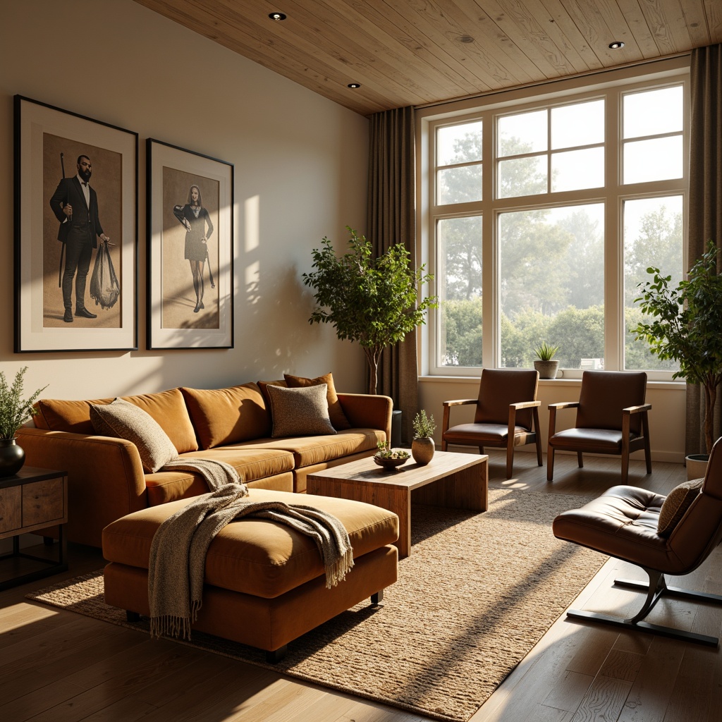 Prompt: Luxurious living room, plush velvet sofa, reclaimed wood coffee table, vintage armchairs, soft golden lighting, cozy throw blankets, natural fiber rugs, earthy color palette, modern minimalist decor, sleek metal accents, comfortable ergonomic designs, sturdy wooden frames, high-quality leather upholstery, warm beige walls, large windows, sunny afternoon, shallow depth of field, 1/2 composition, realistic textures, ambient occlusion.