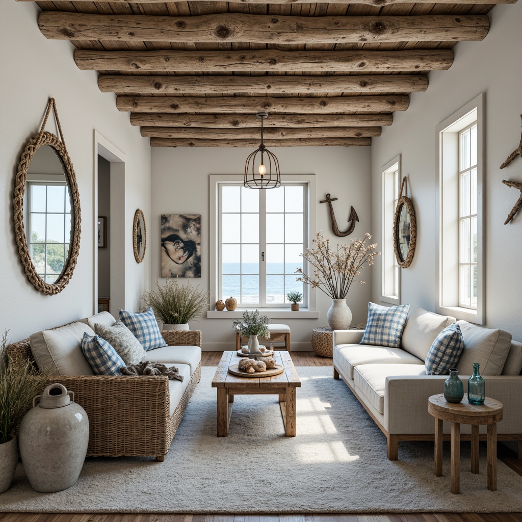 Prompt: Seaside retreat, driftwood decor, nautical ropes, vintage anchors, distressed finishes, soft blue hues, crisp white trim, natural textiles, woven sea grass, coral-inspired patterns, shell-adorned mirrors, ocean-breeze lighting, gentle wave sounds, beachy scents, weathered wood accents, rustic metal lanterns, glass bottle vases, sea salt-weathered stone walls, airy open spaces, shallow depth of field, 1/1 composition, warm soft focus.