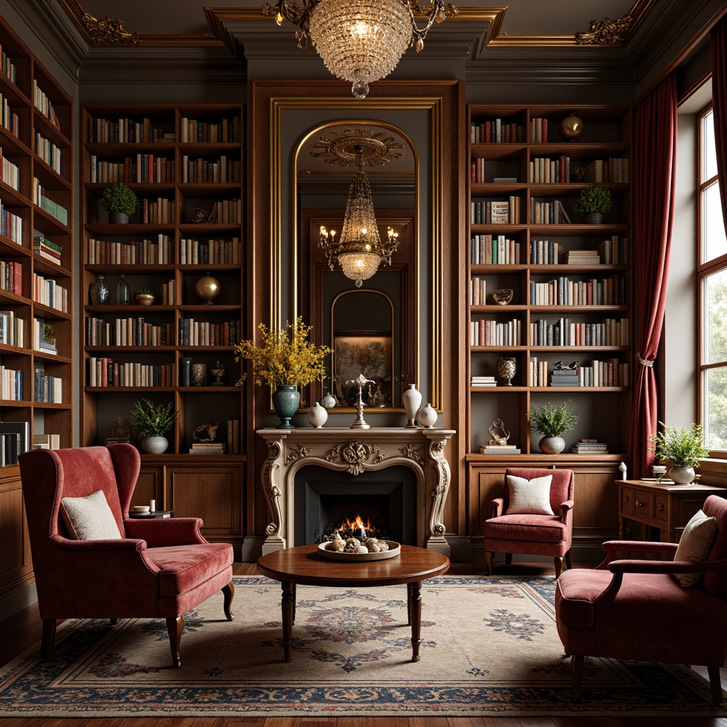 Prompt: Ornate bookshelves, curved wooden legs, gilded accents, velvet upholstery, intricate carvings, ornamental mirrors, crystal chandeliers, luxurious fabrics, rich wood tones, golden frames, antique vases, soft warm lighting, dramatic shadows, opulent atmosphere, 1/1 composition, intimate perspective, realistic textures, ambient occlusion.